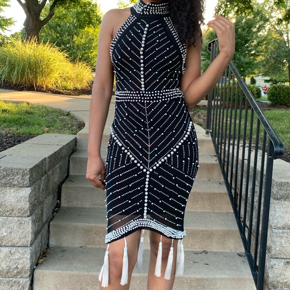 Beaded Pearl and Rhinestone Bandage Dress - Picture 5 of 14